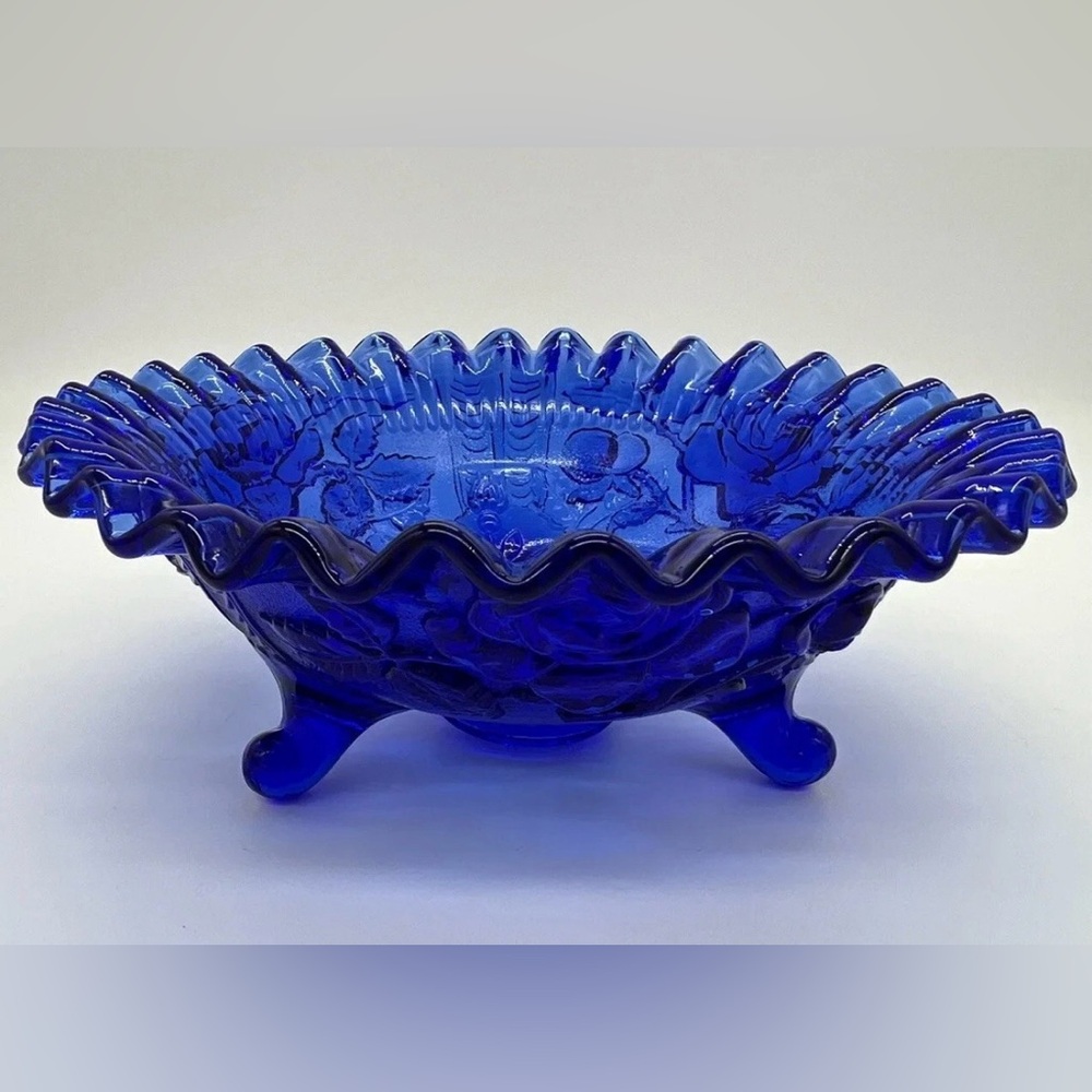 L E Smith Cobalt Blue Heritage Rose Crimped Edge 3 Footed Bowl Candy Dish